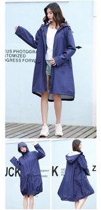 Detail of waterproof dark blue hooded raincoat with zipper closure and large pockets