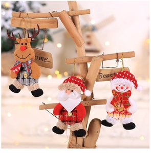 Detailed view of plush reindeer, Santa, and snowman hanging ornaments with festive patterns