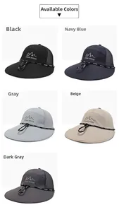 Outdoor fishing hat detail showing mesh vents and five color options in a grid layout