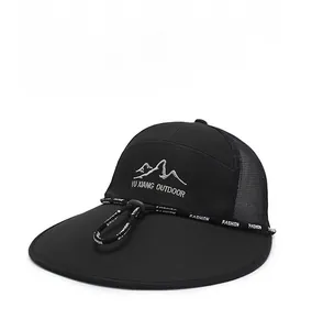 Detail of outdoor sun hat with wide brim, breathable mesh and adjustable chin strap