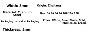 Size chart for 8mm titanium steel spinner rings with colors white blue black and gold