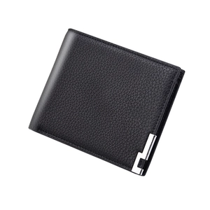Classic black litchi grain leather bifold men's wallet with L-shaped silver metal accent