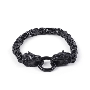 Men's black plated stainless steel lion head bracelet with thick Byzantine chain link