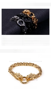 Detail of stainless steel byzantine lion head bracelet with size and weight info