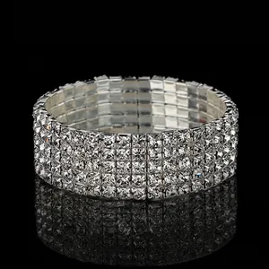 Elegant five-row silver crystal stretch bracelet with polished stainless steel base