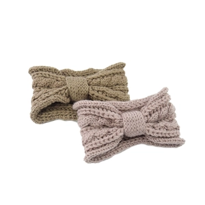 Knitted bow headband set in earth tone and pink-purple with chunky cable knit texture
