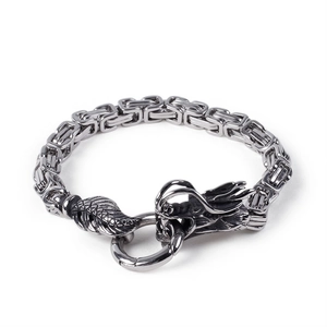 Men's stainless steel dragon head bracelet with thick braided chain in silver finish