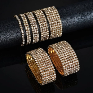 Luxurious gold stainless steel multi-row rhinestone elastic bracelets in various widths