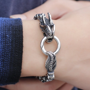 Men's retro stainless steel dragon bracelet with intricate scale textures and clasp