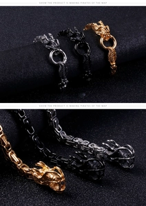Close-up of dragon head link bracelets in gold, black, and silver stainless steel