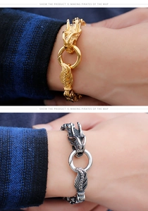 Detailed view of silver and gold dragon-shaped stainless steel bracelets on wrist