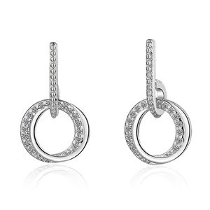 Fashion Copper White Gold Plated Geometric Double Circle Rhinestone Stud Earrings For Women Minimalist Jewelry Accessories