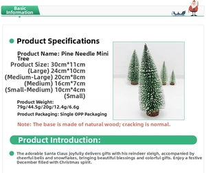 Size chart for 3D mini Christmas pine trees with wooden bases in five various heights