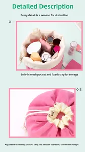 Dettaglio trousse in velluto rosa con tasche a rete interne e cinghie elastiche fissate