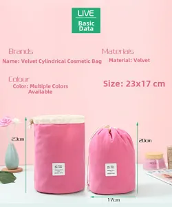 Beauty case cilindrico in velluto rosa con coulisse e dettagli dimensioni 23x17cm