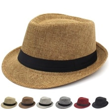 Straw fedora hat with black decorative band shown in various available color options