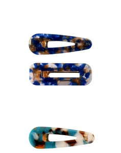 Three-piece acetate hair clip set featuring marble patterns in blue and tortoise shell tones