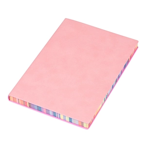 Pink PU leather notebook featuring vibrant rainbow colored paper edges on a white background