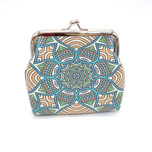 Detail of bohemian mandala print coin purse with silver metal kiss-lock closure