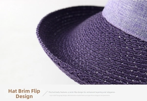 Detail of two-tone purple woven sun hat featuring a unique half-folded brim design