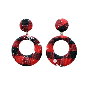 Christmas red and black plaid round earrings with snowflake pattern on white background