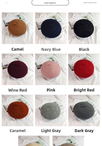 Detailed color selection of wool beret hats in camel navy black burgundy and grey