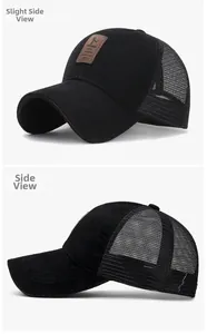 Detail of mesh baseball cap with leather EDIKO patch and brown brim piping