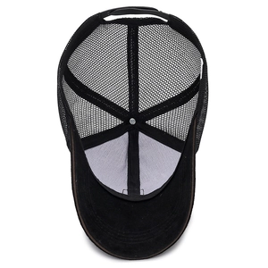 Breathable black and white mesh trucker hat with adjustable snapback for summer outdoor sports