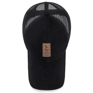 Classic black breathable mesh baseball cap with premium brown leather patch detail