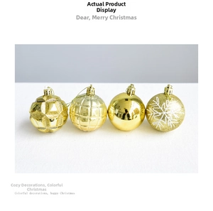 Detail of 4-piece gold Christmas balls featuring snowflake patterns and embossed textures