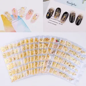 Gold Metal Nail Art Rivets Studs Hollow Geometric Star Moon Heart Shell Charms Japanese Style Decoration