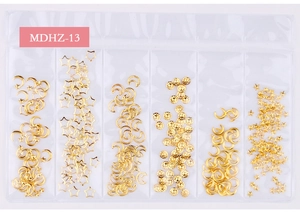 Detail of MDHZ-13 6-compartment gold metal nail art charms with star and moon shapes