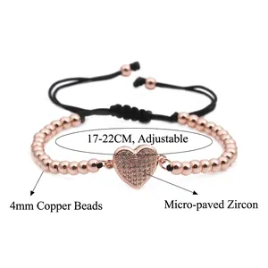 Bracelet cœur ajustable en or rose avec zircons micro-pavés et perles de cuivre