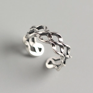 Retro 925 sterling silver triple-layer woven wave ring with adjustable open band design