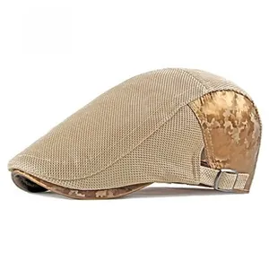 Detail of summer mesh ivy cap with khaki camo pattern and silver adjustable metal buckle