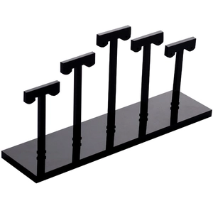Black acrylic earring display stand with 5-tier T-bar holders on white background