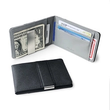 Detailed view of grey and black PU leather wallets with card slots and metal money clip
