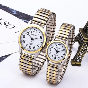 Classic gold-tone stretch band watches for couples with white dial and Arabic numerals