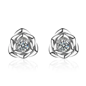 Rose Flower Stud Earrings White Gold Plated Copper Clear Zircon Inlay Korean Style Jewelry For Women