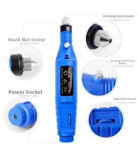Detail view of portable blue electric nail drill with speed adjustment dial and 5 closeup icons