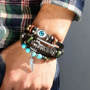 Men's retro bohemian multilayer braided leather bracelet with turquoise evil eye and feather