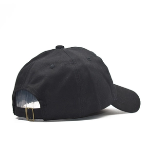 Rear view of black cotton baseball cap showing adjustable metal buckle and strap detail