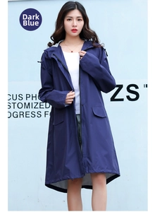 Detail of navy blue hooded raincoat featuring a zipper closure and adjustable drawstrings
