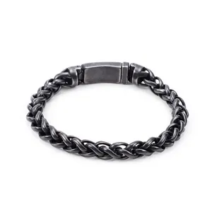 Men's titanium steel basket weave bracelet in retro gunmetal grey with industrial style