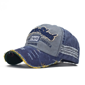Cappellino da baseball 1969 invecchiato con design patchwork e bordi gialli sfrangiati