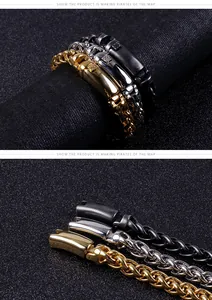 Close-up of woven wheat chain bracelets in gold, silver, and black stainless steel