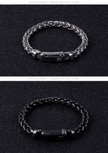 Detail of silver and gunmetal stainless steel wheat chain bracelets for men