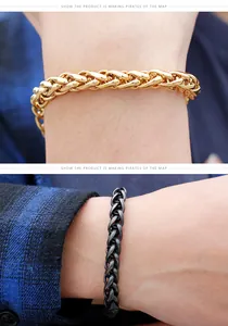 Close-up of chunky woven stainless steel chain bracelets in gold and gunmetal finish