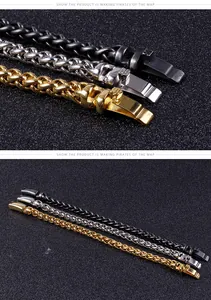 Detail of titanium steel basket chain bracelets in black, gold, and silver finishes