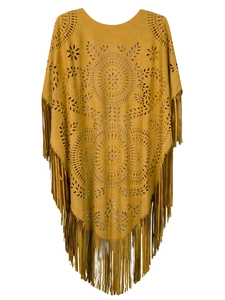 Detailed laser-cut hollow pattern and fringe tassels on a tan suede poncho cape